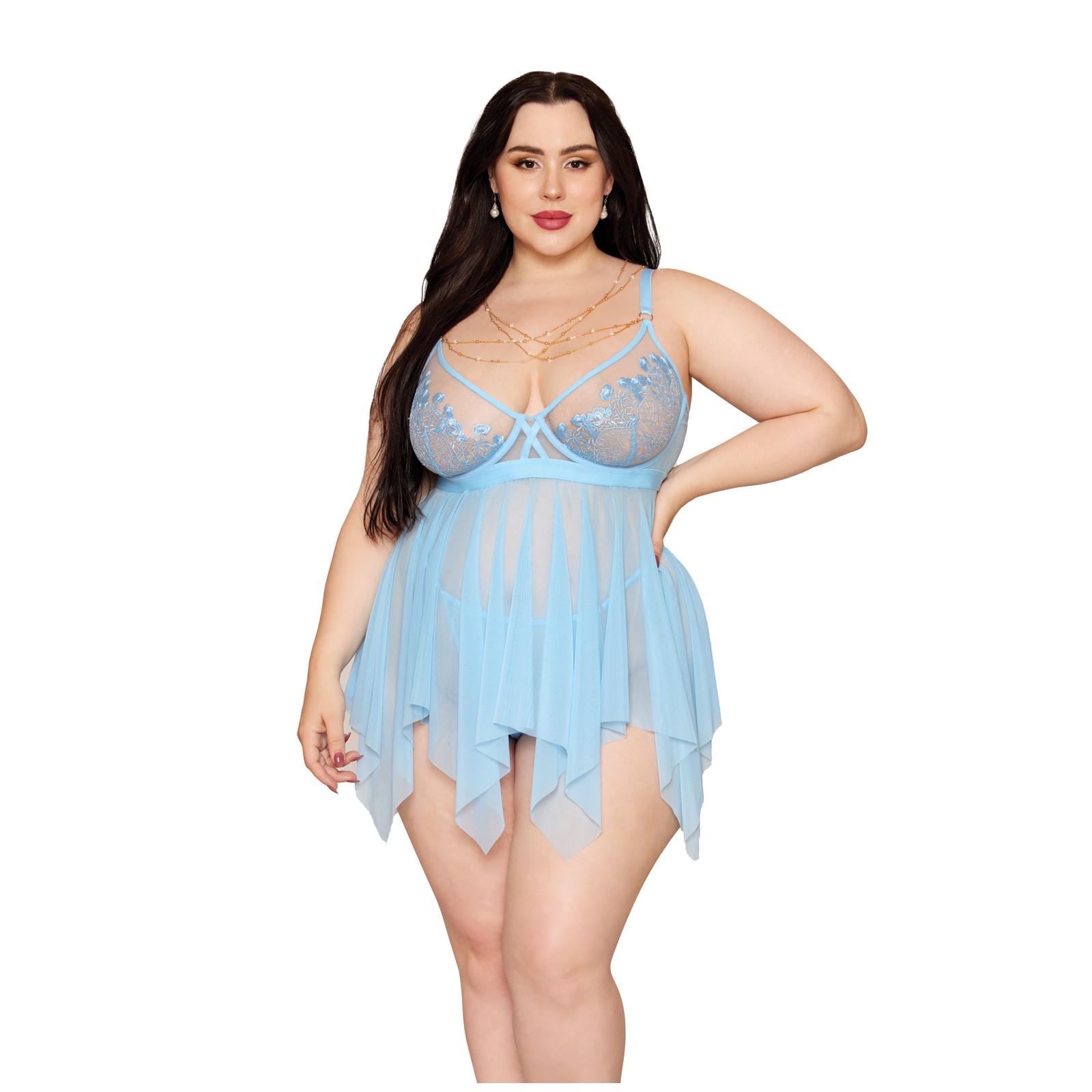 Babydoll de Encaje Floral con G-String - Azul Ártico