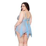 Babydoll de Encaje Floral con G-String - Azul Ártico