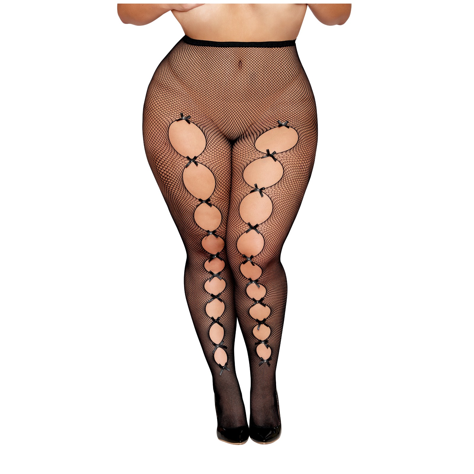 Fishnet Pantyhose Back Seam Satin Bows Black