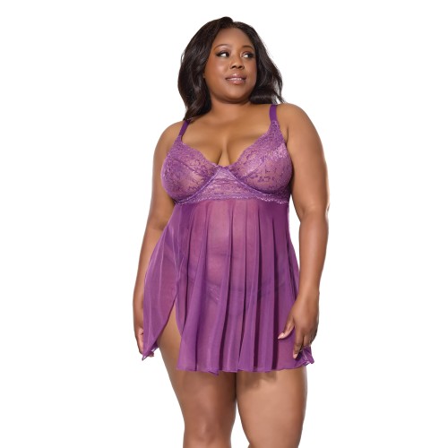 Metallic Stretch Lace Babydoll Purple 1X/2X