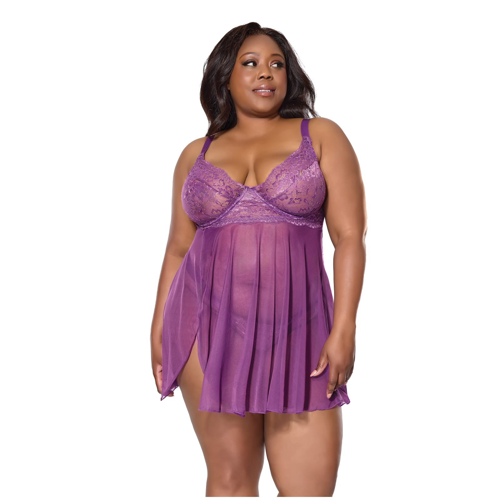 Metallic Stretch Lace Babydoll Purple 1X/2X