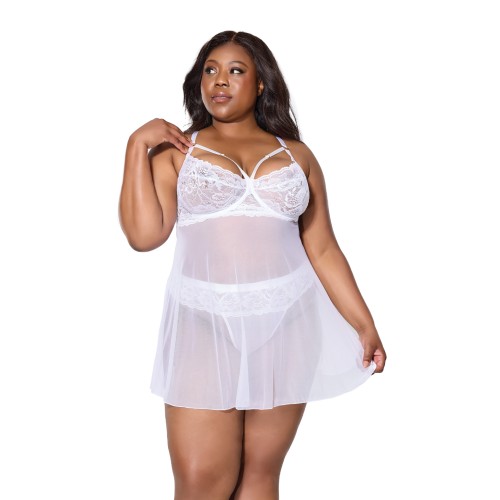 Scallop Stretch Lace & Mesh Babydoll with Thong - White