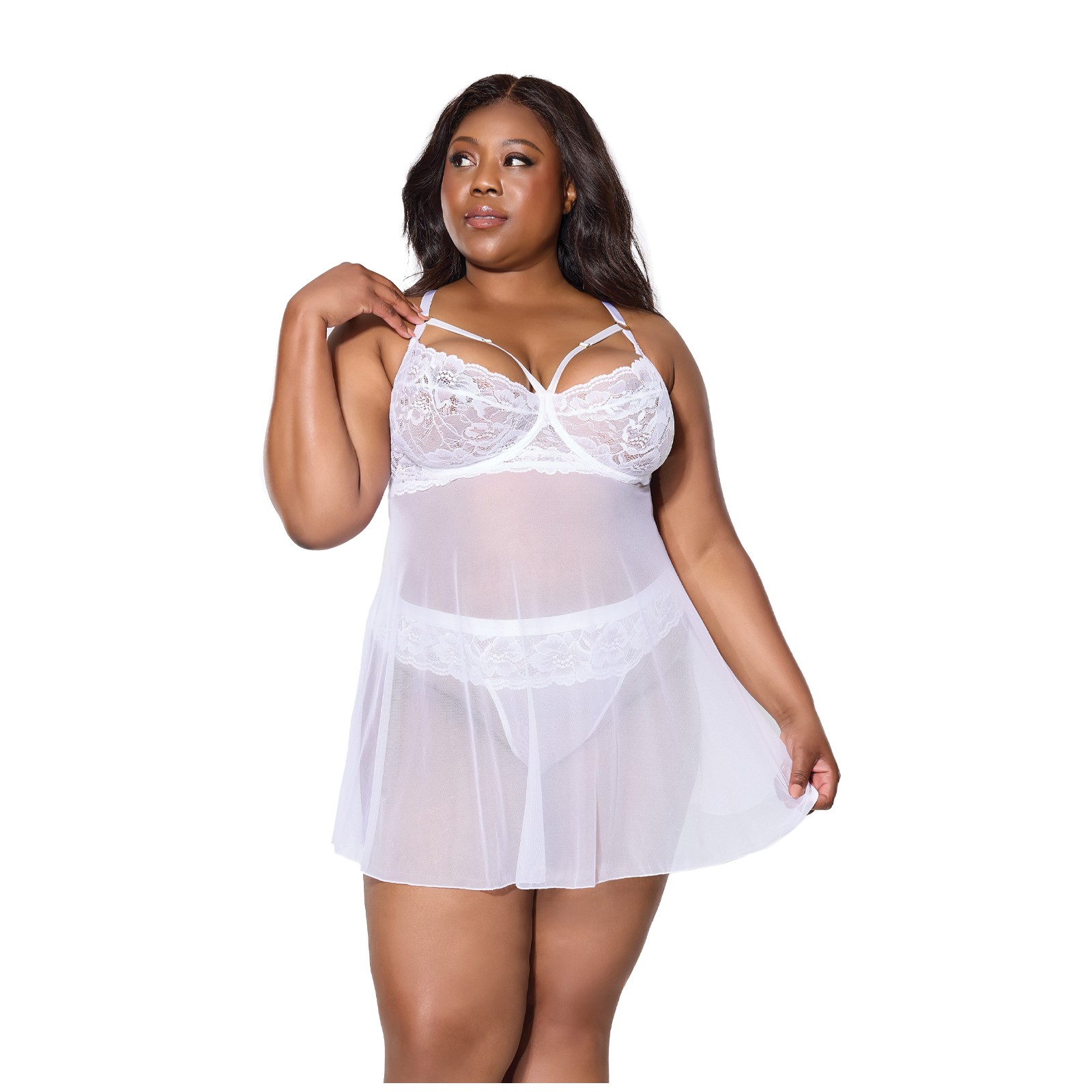 Scallop Stretch Lace & Mesh Babydoll with Thong - White