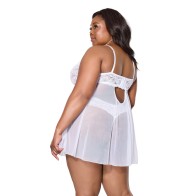 Babydoll de Encaje en Escalera y Malla con Thong - Blanco