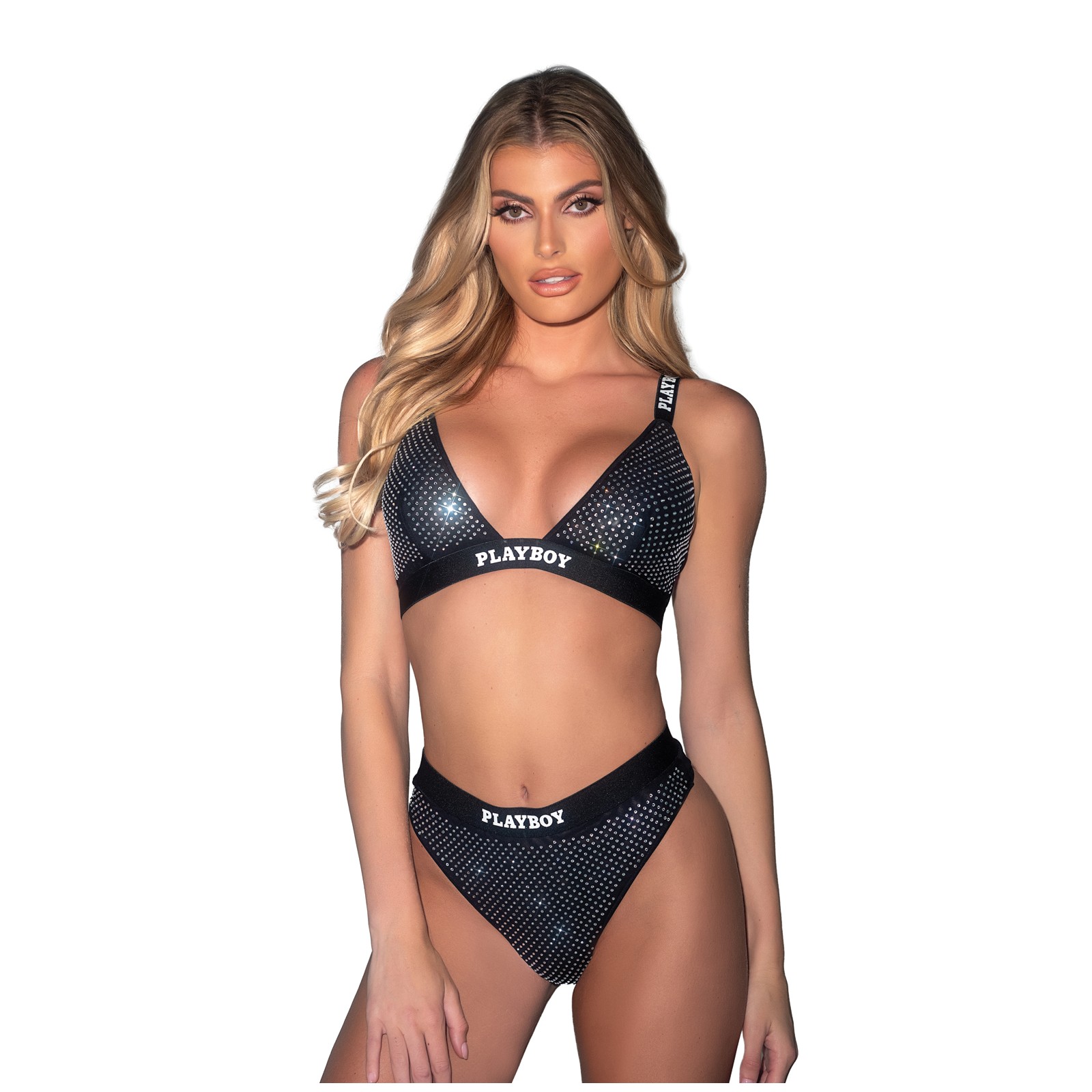 Playboy Disco Fever Rhinestone Bralette Set Black SM