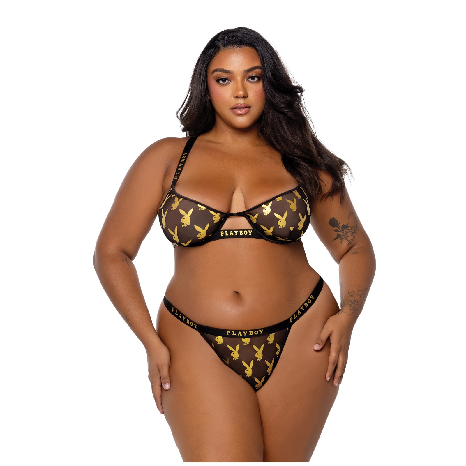 Playboy Gold Foil Mesh & Satin Bralette with Thong Set - Black/Gold