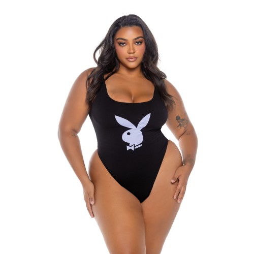 Playboy Scoop Neck Teddy with Thong Back - Black/Lavender 1X