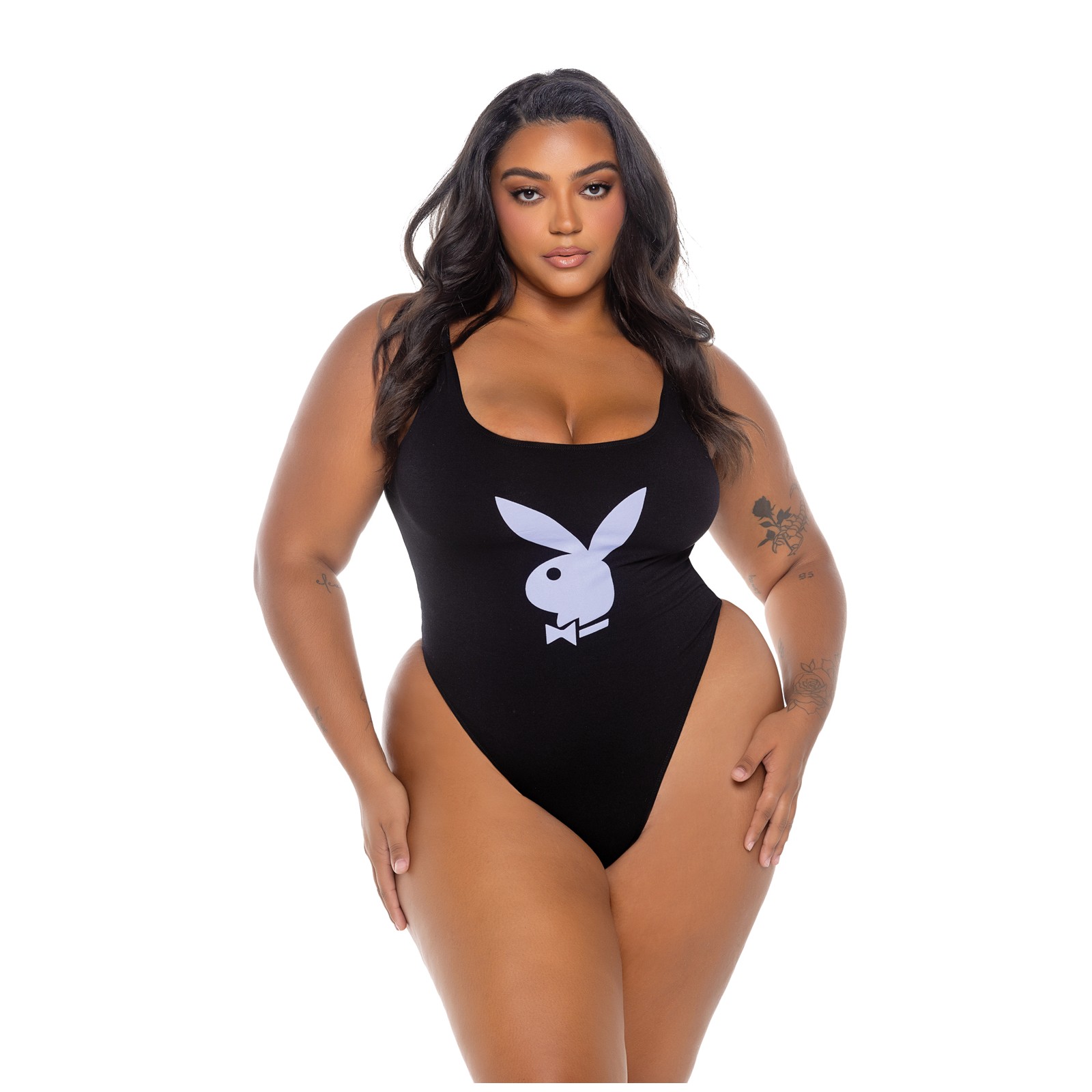 Playboy Scoop Neck Teddy with Thong Back - Black/Lavender 1X