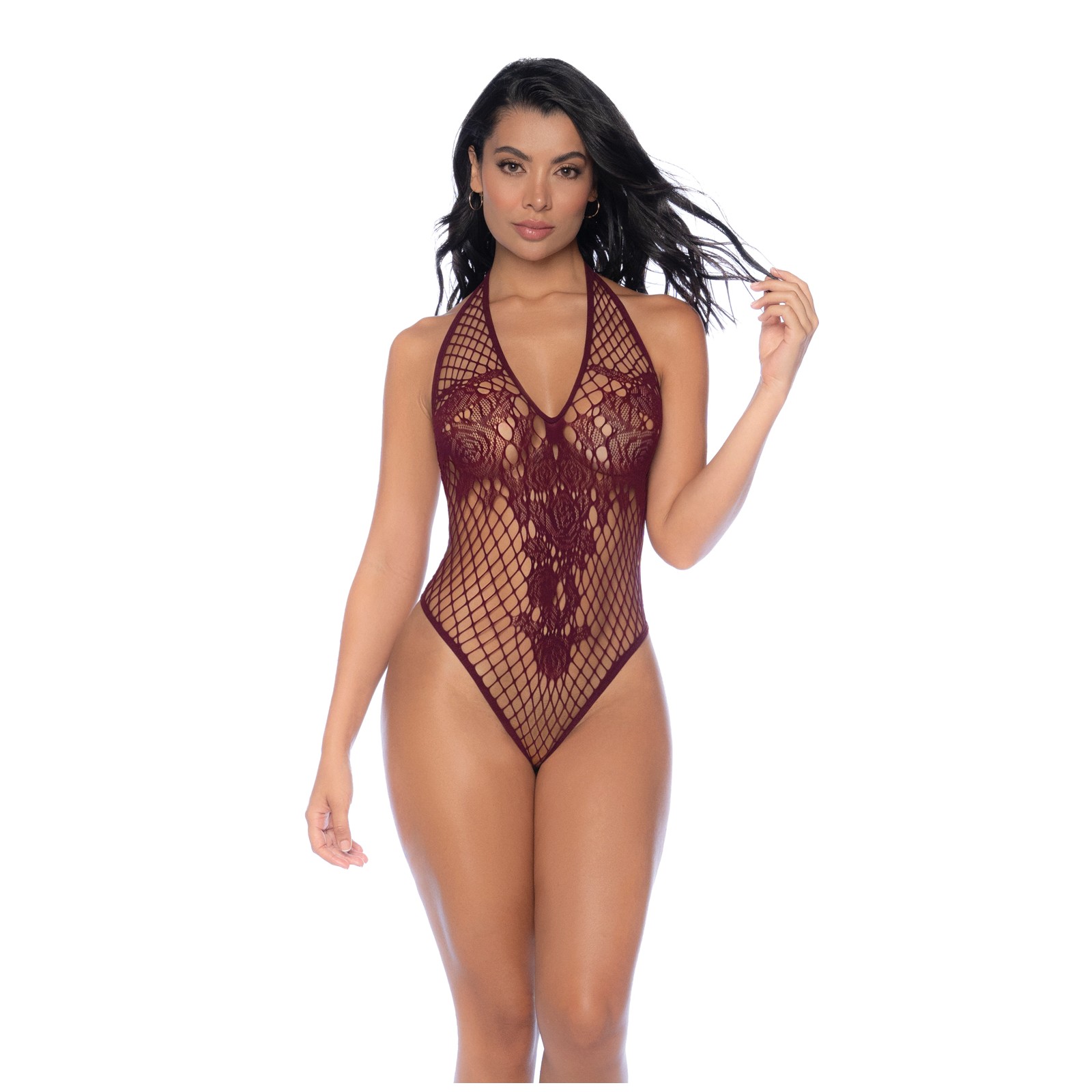 Floral Convertible Fishnet Bodysuit in Burgundy