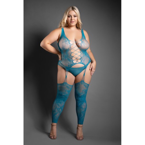 Conjunto Bodystocking Encaje Floral Tanga Verde Azulado Reina