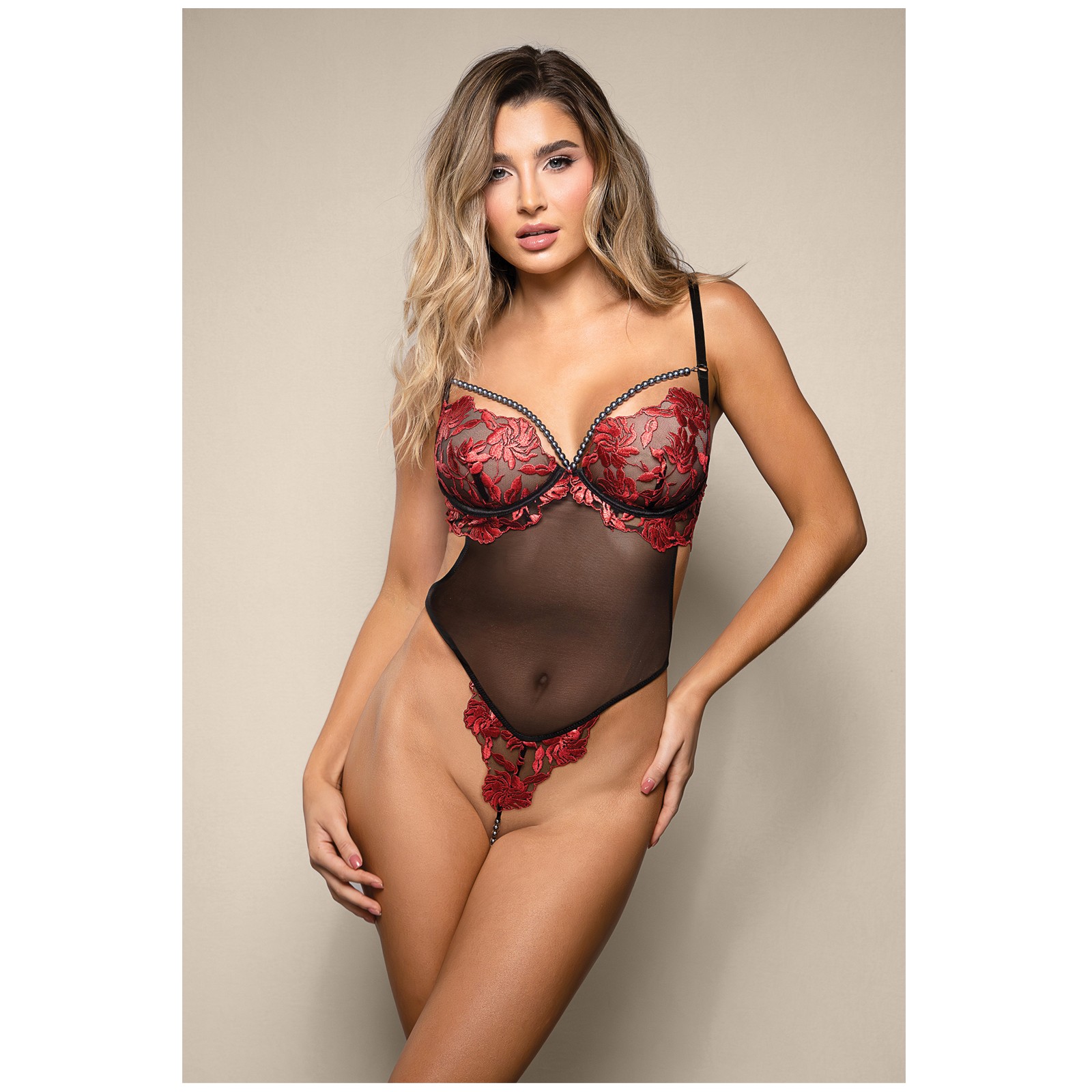 Opulence Embroidered Underwire Open Crotch Teddy Red LXL