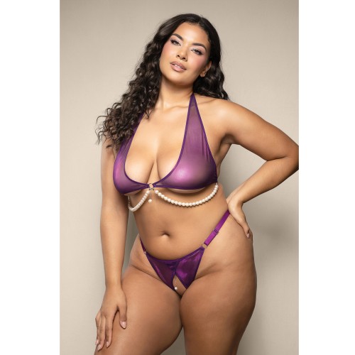 Opulence Shimmer Mesh Halter Top Panty Purple QN