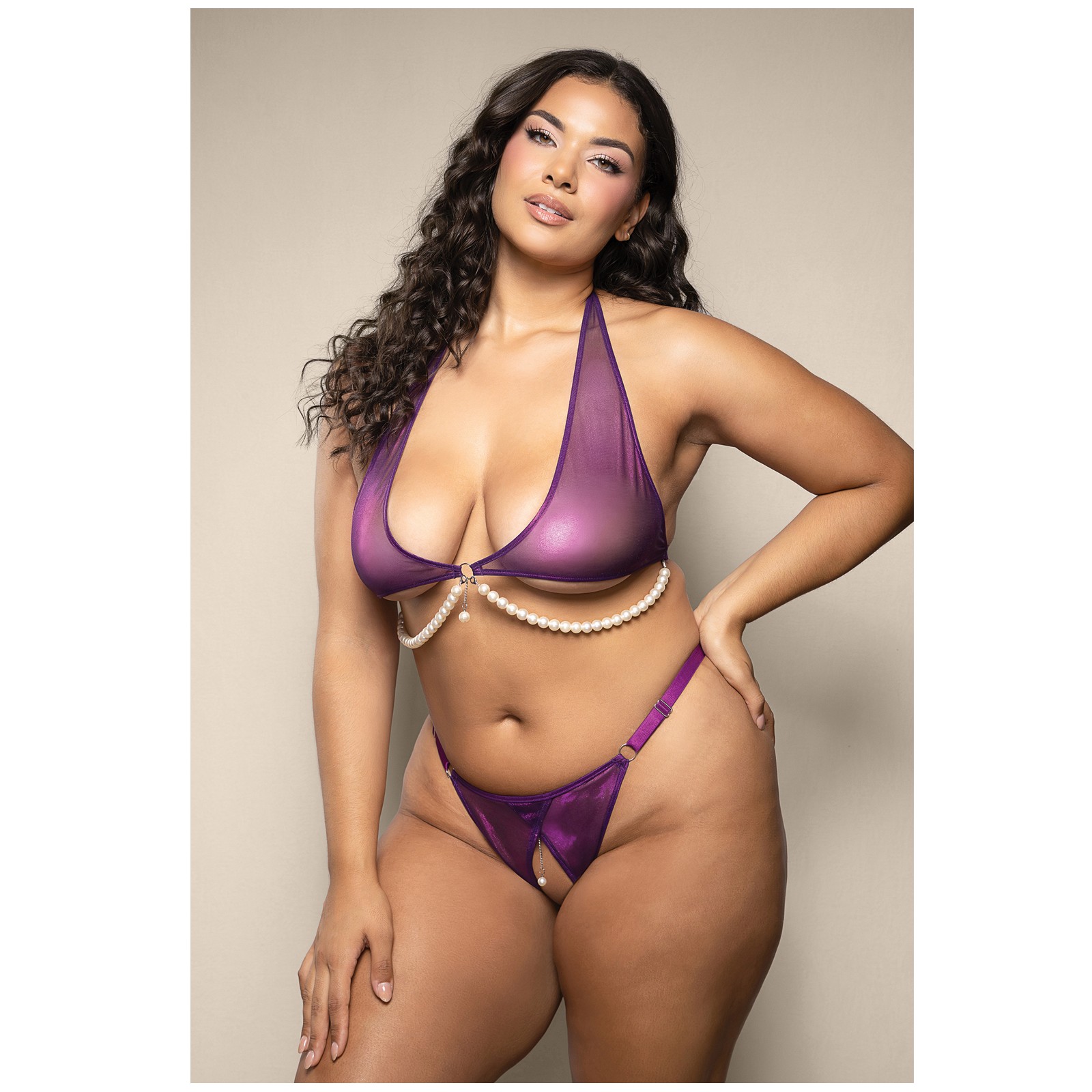 Opulence Shimmer Mesh Halter Top Panty Purple QN