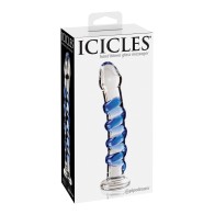 Icicles No. 5 Hand Blown Glass Massager Clear Blue Swirls