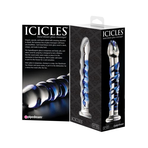 Icicles No. 5 Hand Blown Glass Massager Clear Blue Swirls