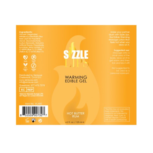 Gel Calentador Sizzle Lips 4.2 oz Sabor Butter Rum