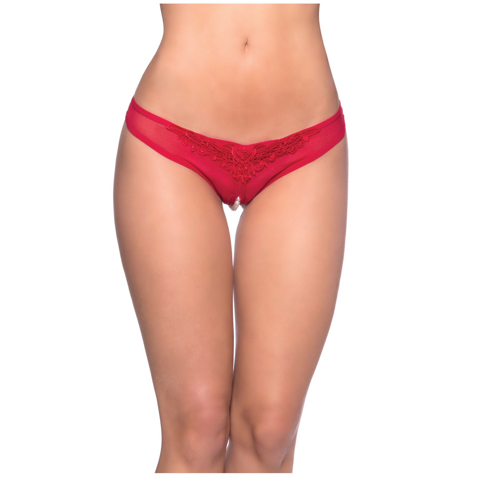 Crotchless Thong with Pearls Red O/S