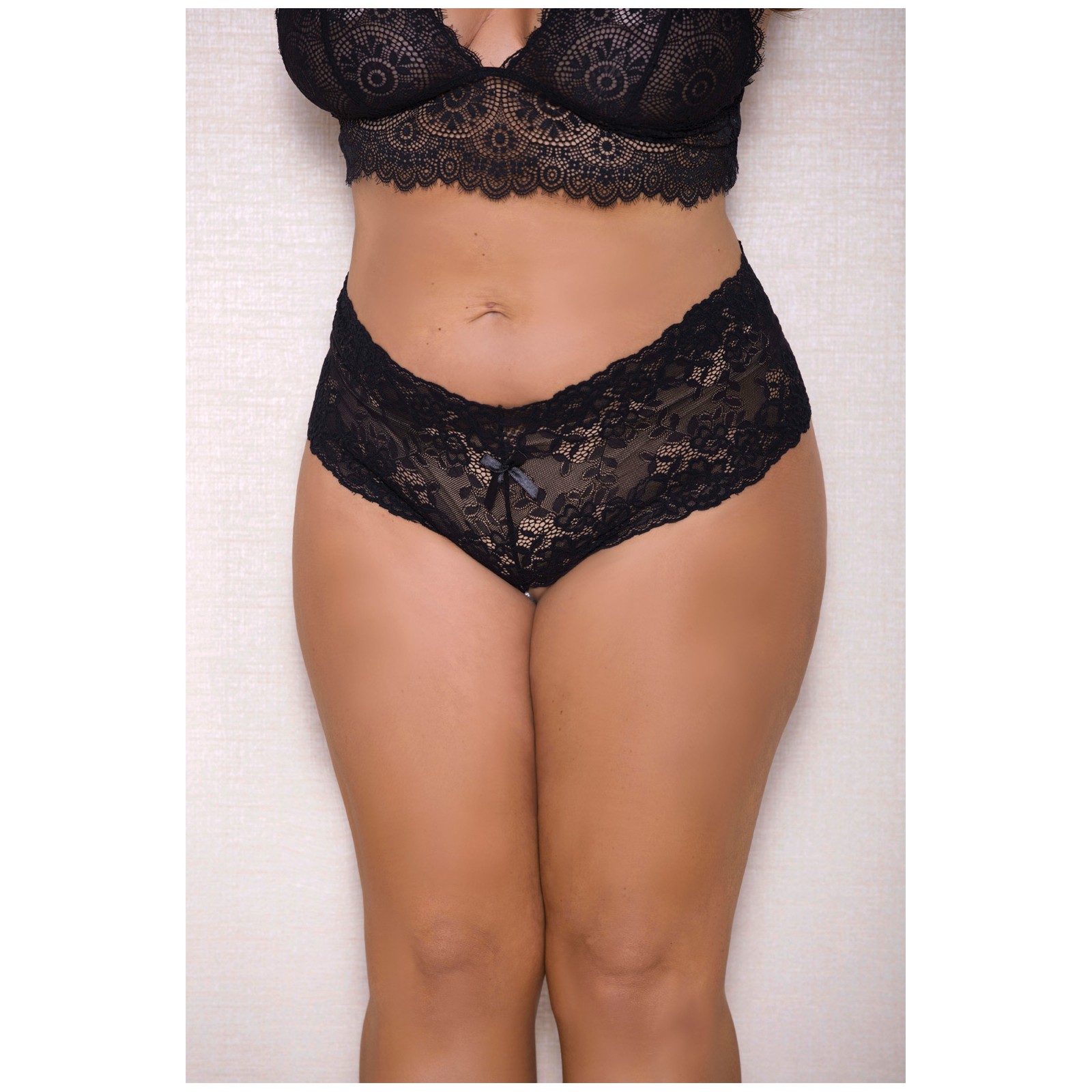 Lace & Pearl Boyshort with Satin Bow Accents Black 1X/2X