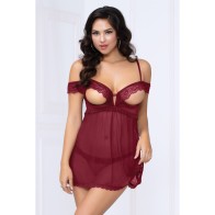 Lace & Mesh Open Cups Babydoll with Fly Away Back & Panty Wine SM