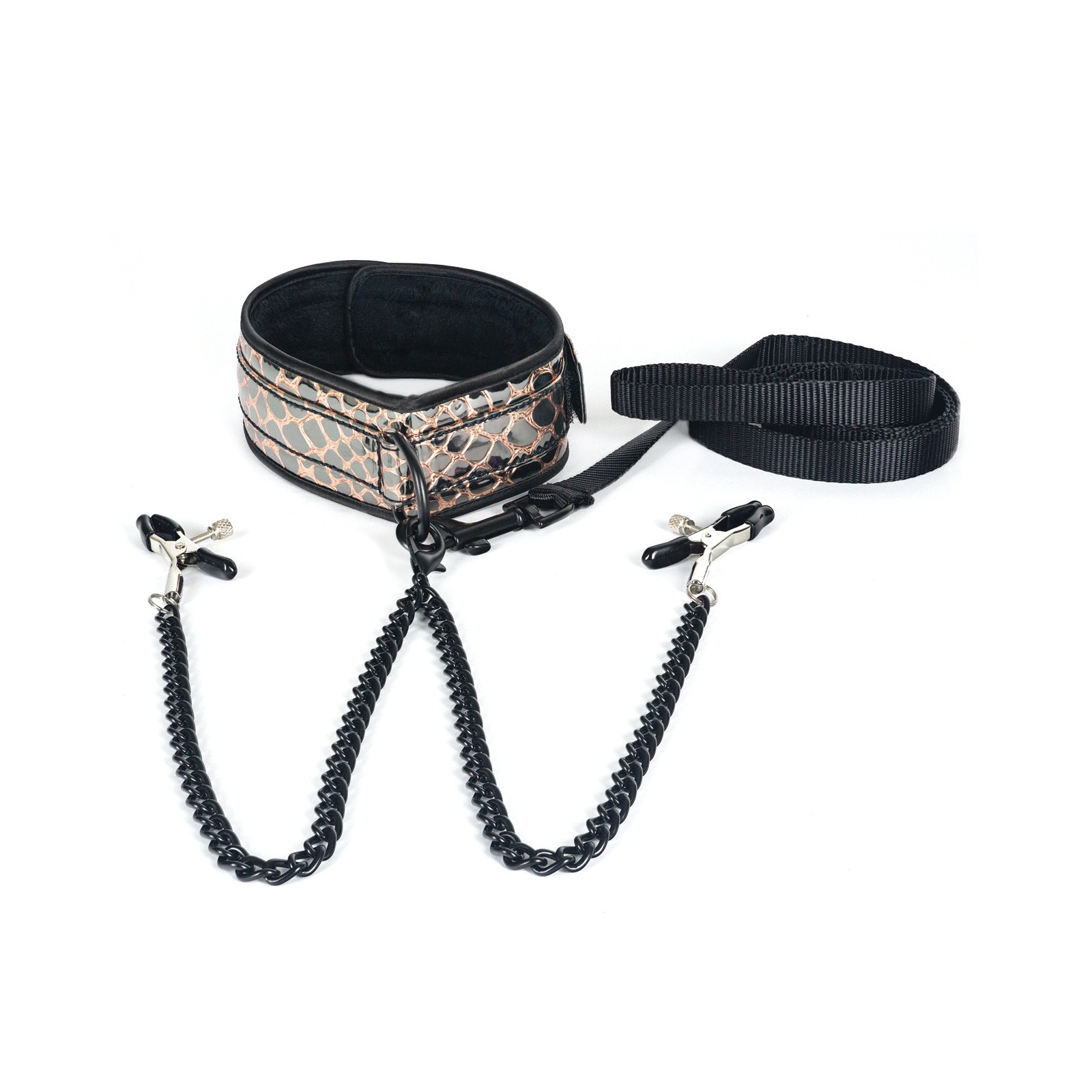 Spartacus Faux Leather Collar & Leash with Black Nipple Clamps - Gold