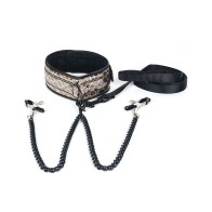 Spartacus Faux Leather Collar & Leash with Black Nipple Clamps - Gold