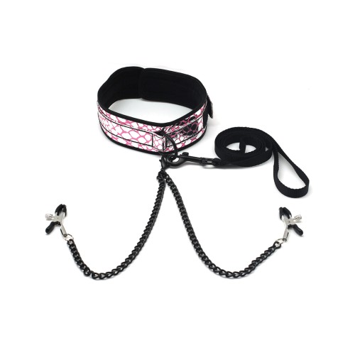 Spartacus Faux Leather Collar & Leash with Black Nipple Clamps - Pink