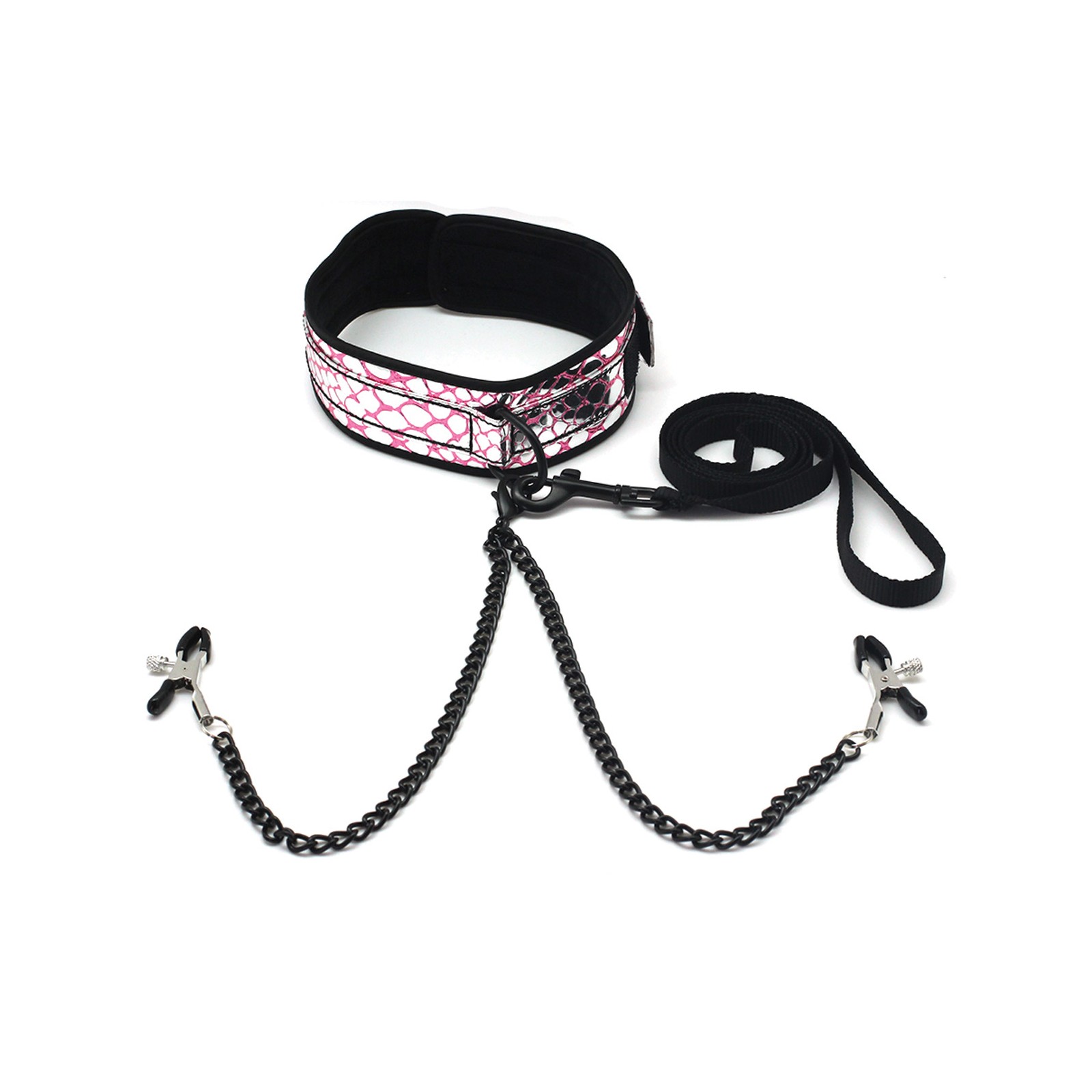 Spartacus Faux Leather Collar & Leash with Black Nipple Clamps - Pink