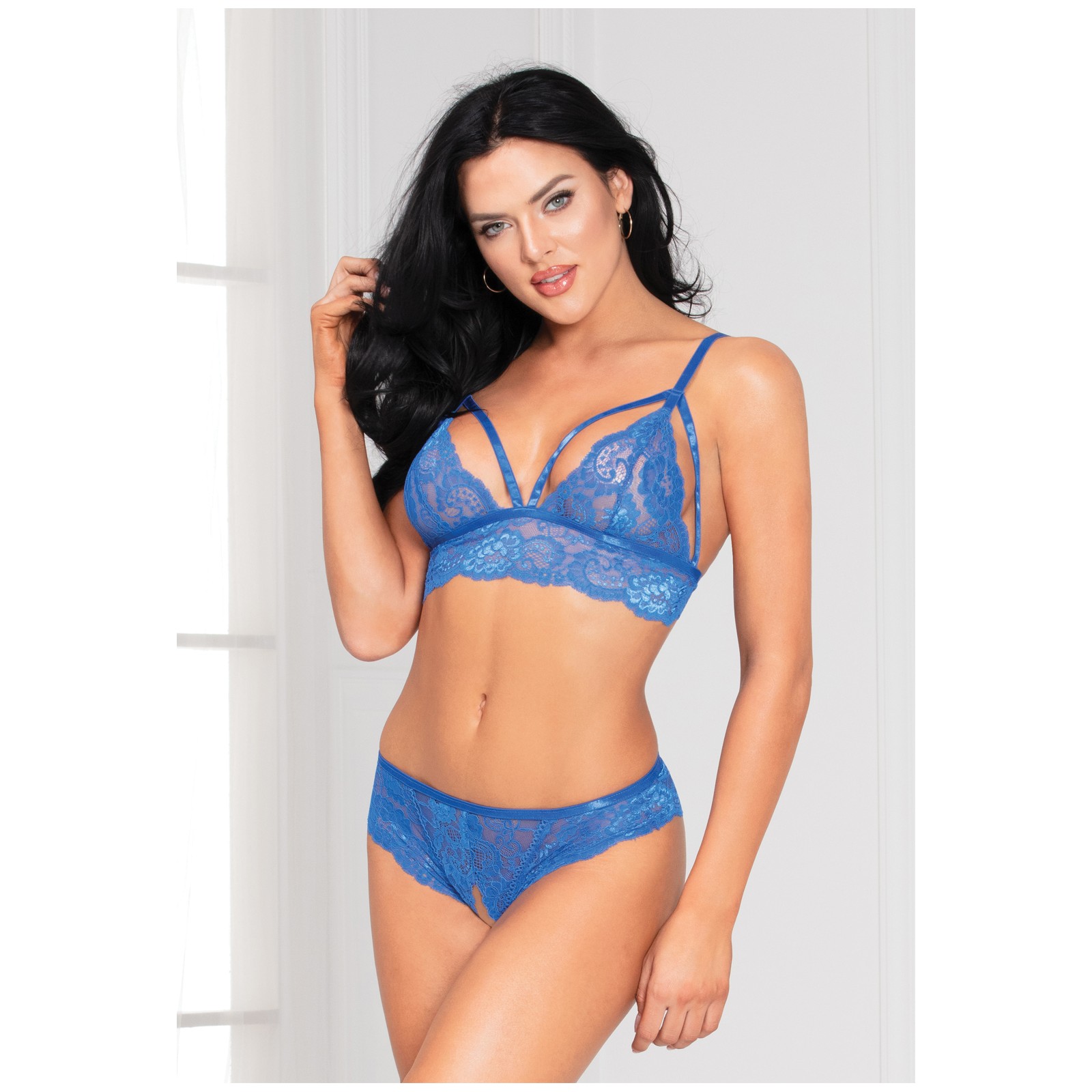 Sosten de Encaje y Panty Abierto con Espalda Laced Azul T/U