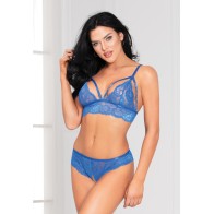 Lace Bra Open Crotch Panty w Lace Up Back Blue O/S