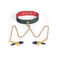 Spartacus PU Collar with Nipple Clamps for BDSM Fun