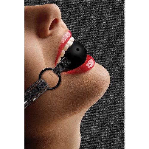 Shots Ouch Breathable Ball Gag with Denim Straps Black