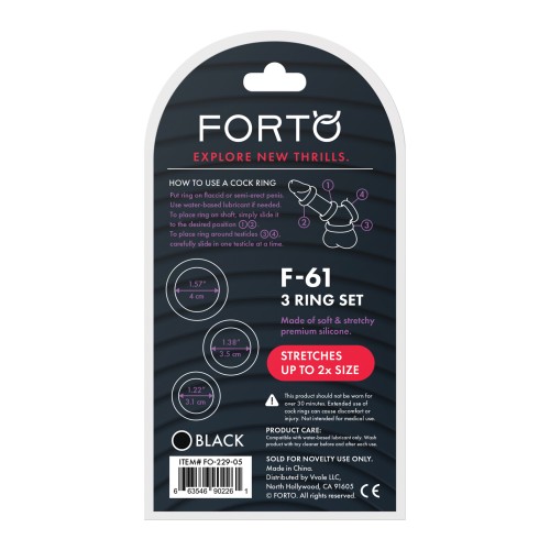 Forto F-61 Liquid 3 Piece Cock Ring Set Black - Enhance Pleasure