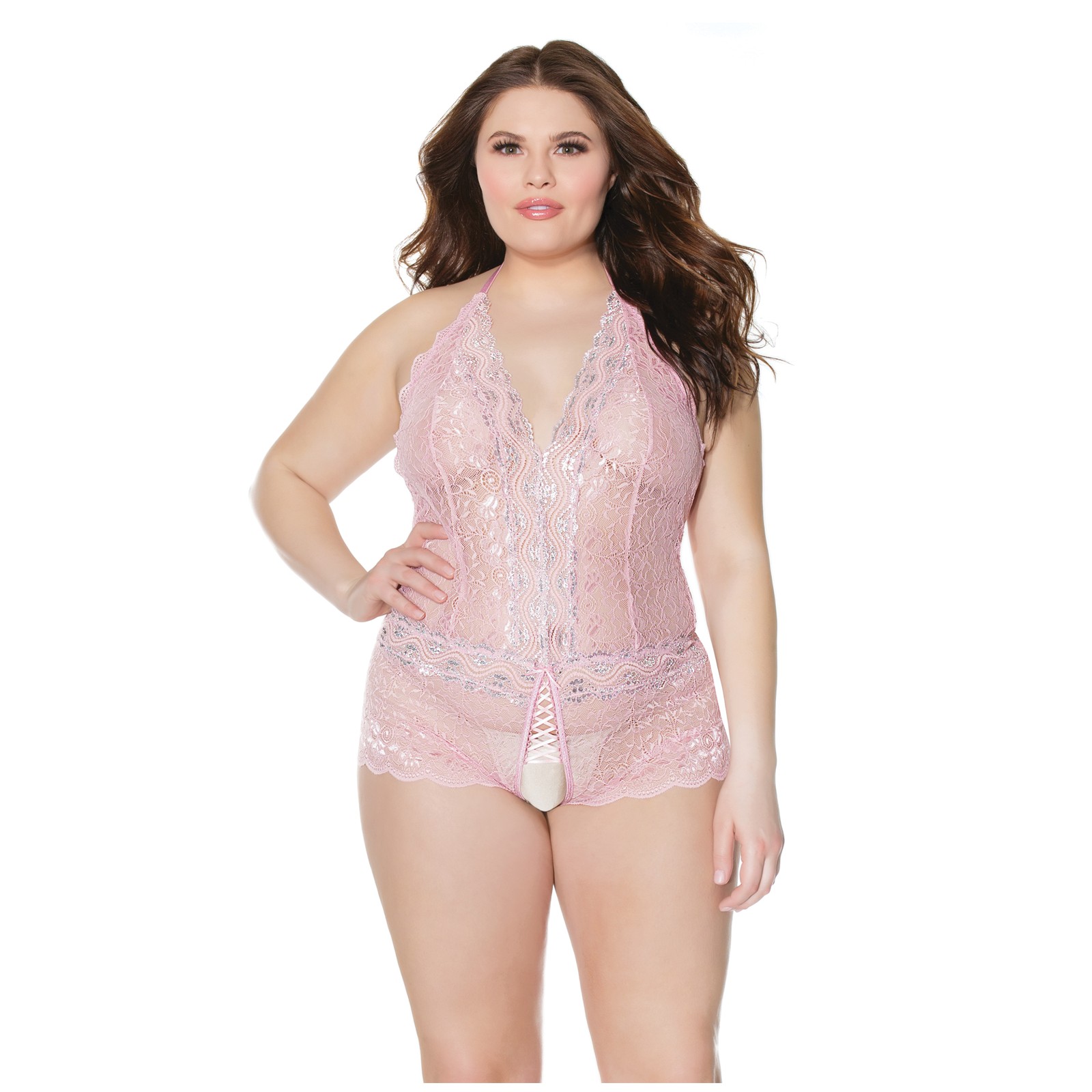 Crystal Pink Halter Crotchless Teddy OS XL - Seductive Design