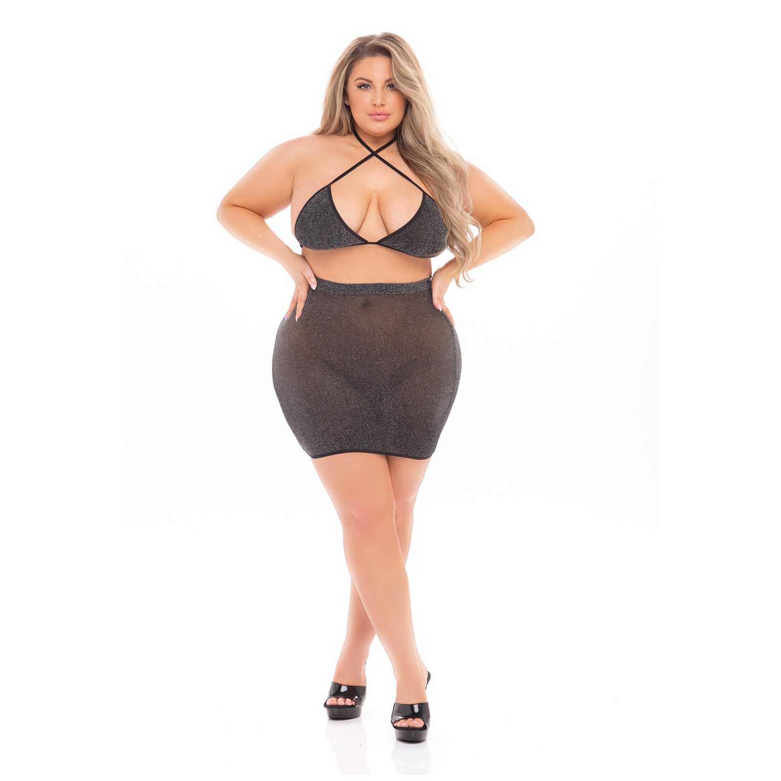 Pink Lipstick Black Cherry Strap Halter Bra Skirt Plus Size