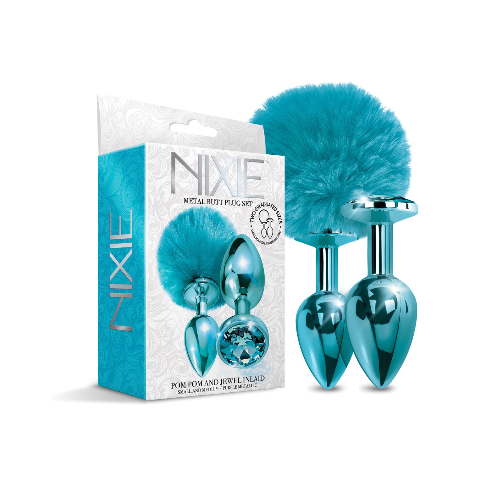 Nixie Metal Butt Plug Set with Jewel Inlaid & Pom Pom - Blue