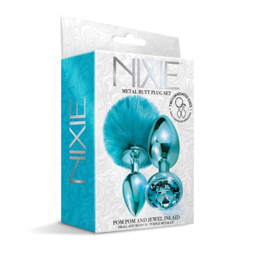 Nixie Metal Butt Plug Set with Jewel Inlaid & Pom Pom - Blue