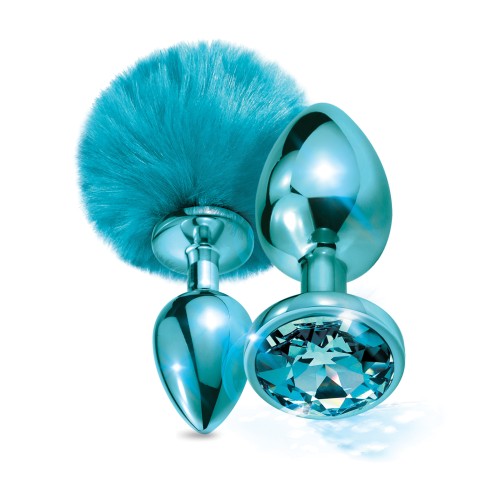 Nixie Metal Butt Plug Set with Jewel Inlaid & Pom Pom - Blue