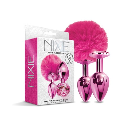 Nixie Metal Butt Plug Set with Jewel Inlaid & Pom Pom - Pink Metallic