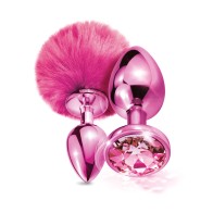 Nixie Metal Butt Plug Set with Jewel Inlaid & Pom Pom - Pink Metallic