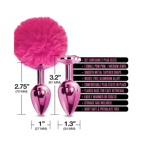 Juego de Plugs Anales de Metal Nixie con Joyas Incrustadas y Pom Pom - Metalizado Rosa