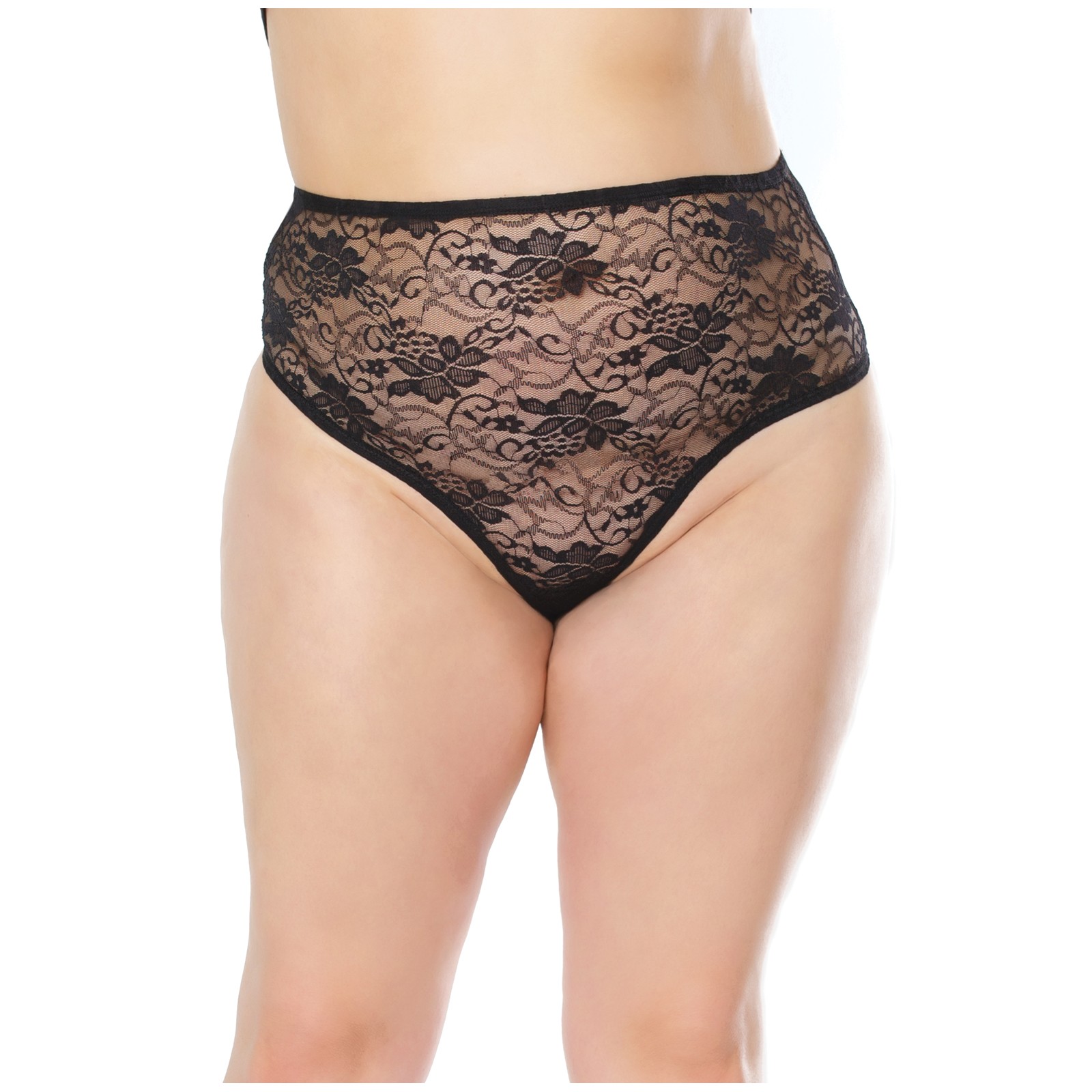 Thong de Encaje Elástico de Cintura Alta Negro OS/XL - Lencería Elegante