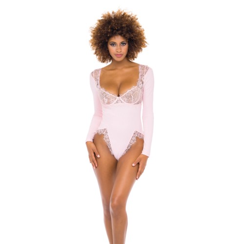 Maria Ribbed Knit & Lace Teddy in Crystal Rose