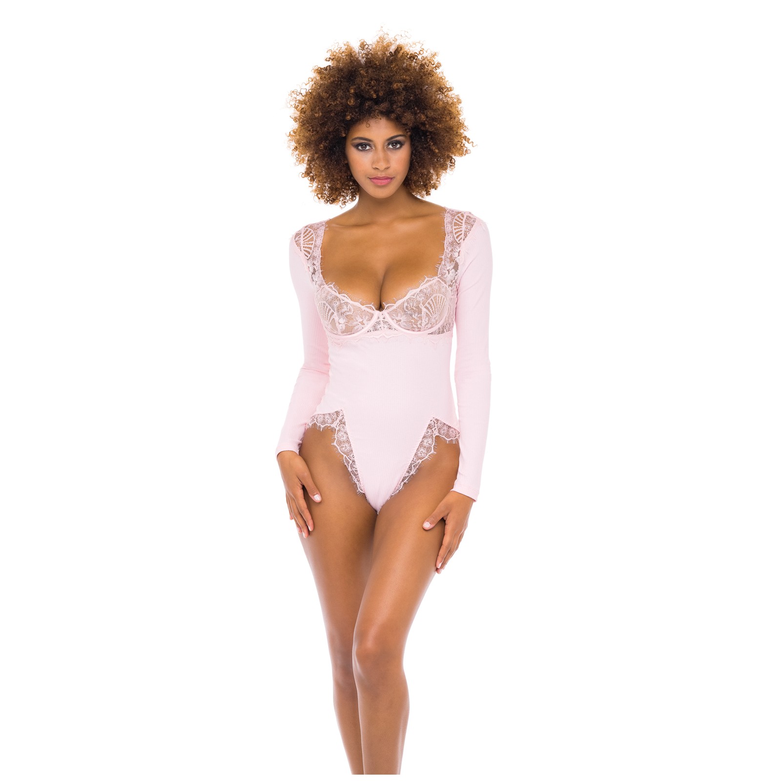 Maria Ribbed Knit & Lace Teddy in Crystal Rose