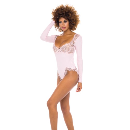 Maria Ribbed Knit & Lace Teddy in Crystal Rose