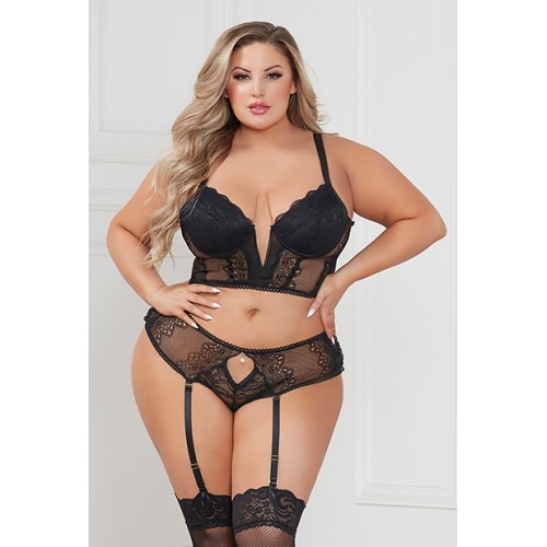 Stretch Lace Cropped Bustier and Cheeky Panty Set in Black