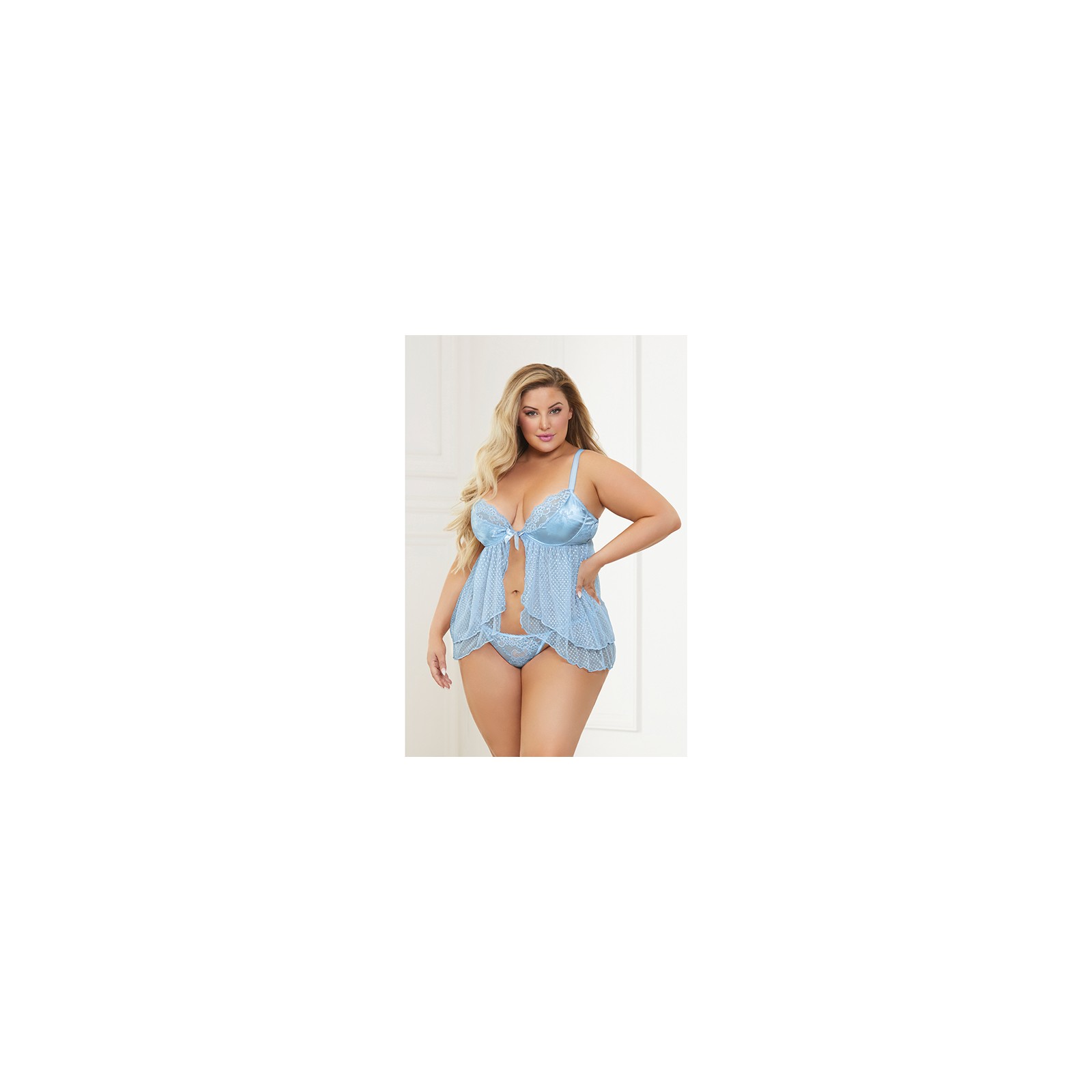 Satin Jacquard Dot Mesh Babydoll and G-String - Blue 1X/2X