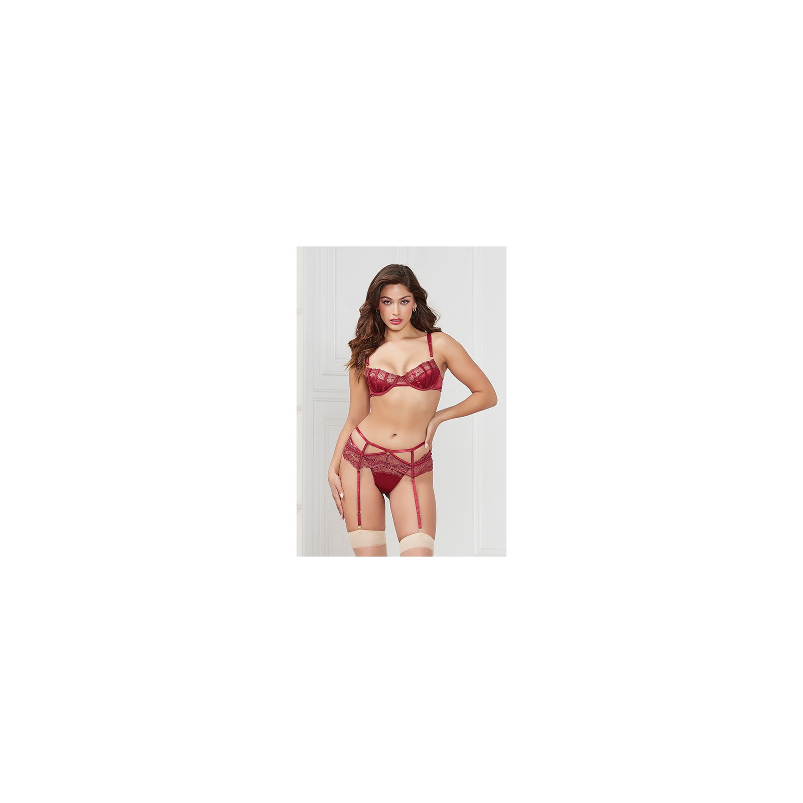 Stretch Satin Lace Bra Set Wine