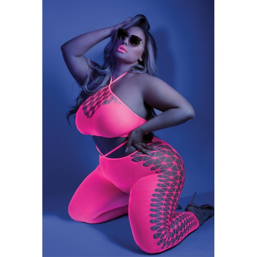 Bodystocking Halter Rosa Neón con Diseño Recortado