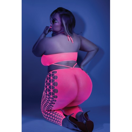 Neon Pink Halter Bodystocking with Cutout Design