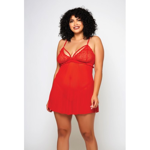 Conjunto Babydoll y G-String de Encaje Redondo y Malla Fina - Rojo 1X